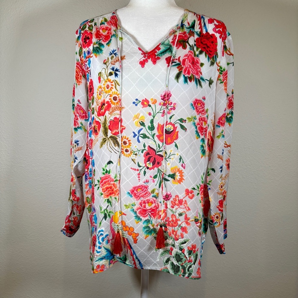 Shana Silk Floral V-Neck Blouse with Tassels Size Medium